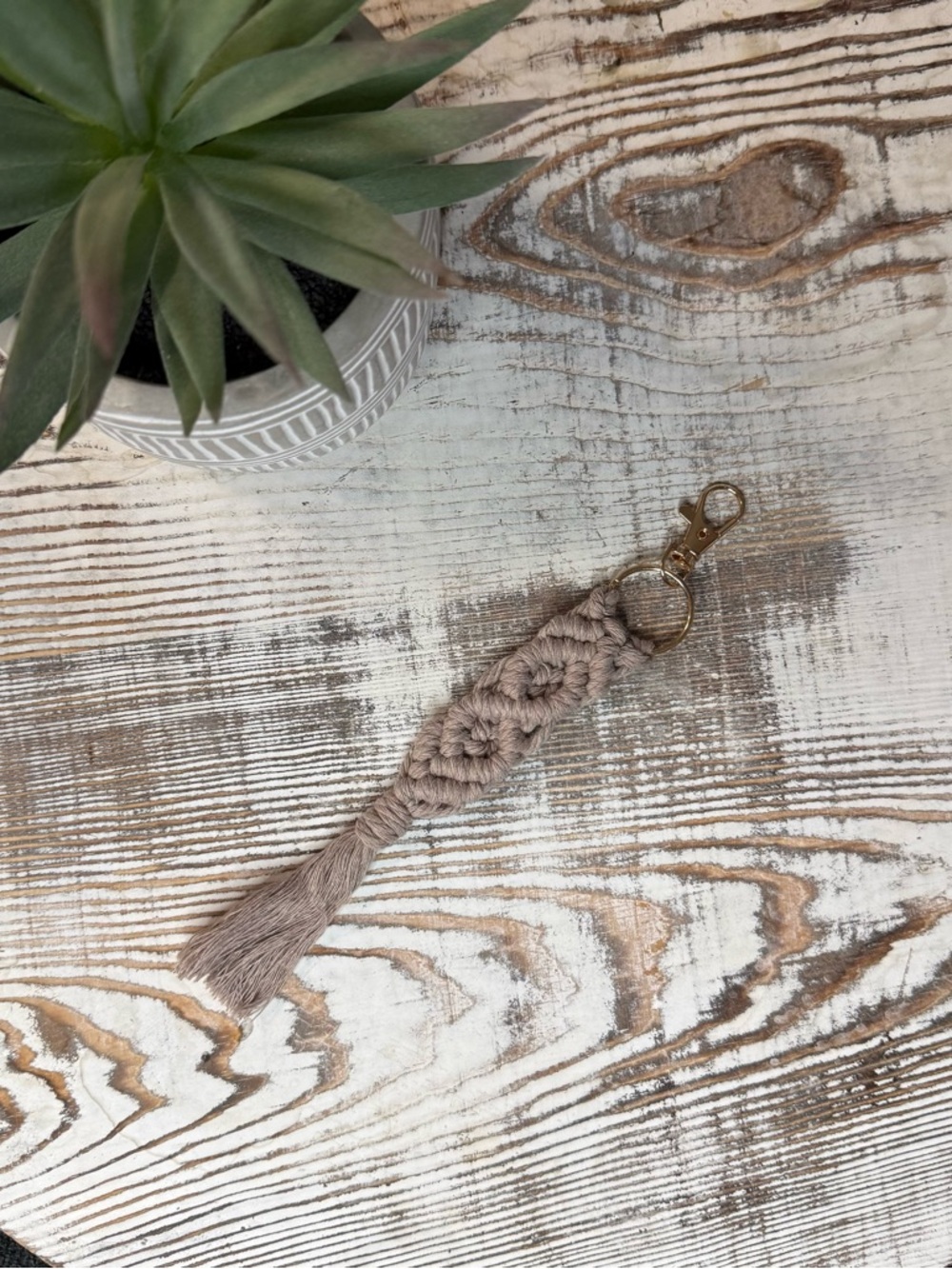 1 PC Taupe Macramé Tassel Keychain w/gold clip NEW more colors available